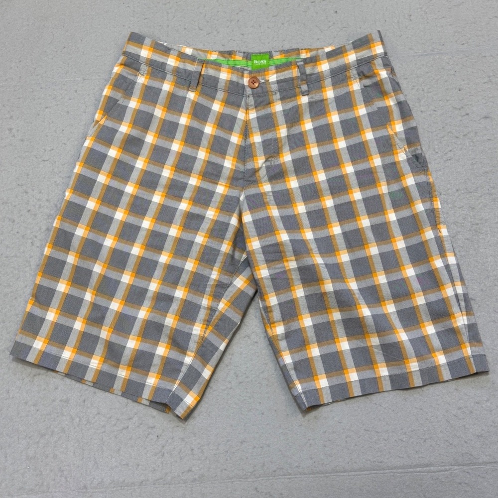 Hugo Boss Hitch Golf Shorts Mens 30 Plaid Check Flat Front Chino Green Label